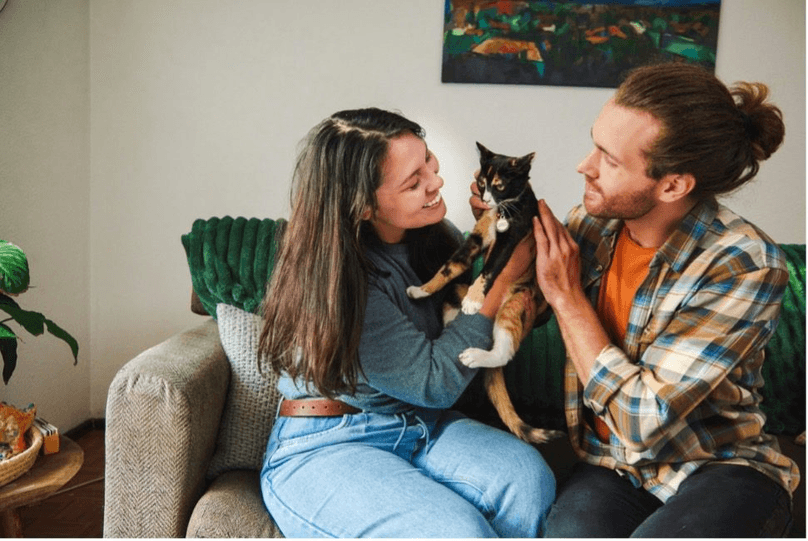 A young couple sitting on a couch and adoring a black, tan, and white cat